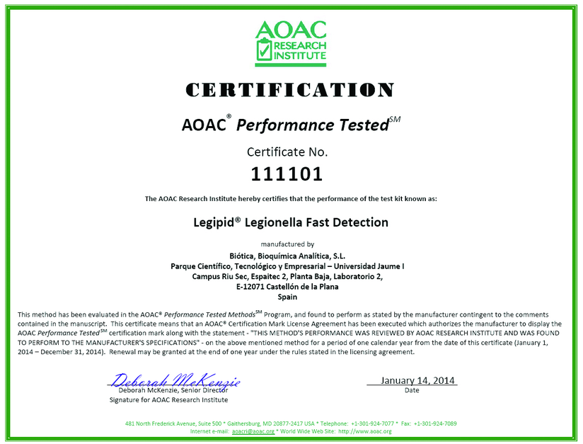 1-hour Legionella test/quantitative and certified